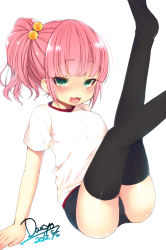 Rule 34 | 1girl, :3, bad id, bad pixiv id, black thighhighs, blush, buruma, dancho (dancyo), dated, green eyes, gym uniform, hair bobbles, hair ornament, highres, leg lift, legs up, looking at viewer, naughty face, no shoes, open mouth, original, pink hair, signature, simple background, sitting, skull.03, solo, thighhighs, white background