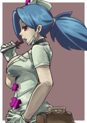 Rule 34 | 1girl, bag, blue hair, brown background, chocolate, choker, eating, hand on own hip, hat, highres, looking at viewer, looking to the side, mask, mask around neck, nurse cap, open mouth, otu 025, ponytail, profile, red eyes, skullgirls, solo, valentine (skullgirls)