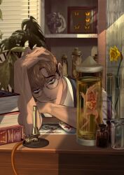 Rule 34 | 1boy, black vest, book, book stack, brown hair, closed mouth, collared shirt, commentary, coooga, flower, frog, glasses, highres, indoors, killing stalking, male focus, oh sangwoo, round eyewear, shirt, short hair, solo, vest, white shirt, yellow flower
