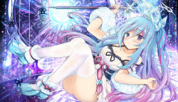 Rule 34 | 1girl, :o, arm up, ass, bare shoulders, blue eyes, blue footwear, blue hair, blush, breasts, cleavage, collarbone, commentary request, crystal, dress, duel monster, fingernails, frilled dress, frills, glowing, gradient hair, hair between eyes, hair ornament, holding, holding wand, knees up, looking at viewer, lying, medium breasts, multicolored hair, nail polish, on back, parted lips, pink hair, purple hair, rilliona (yu-gi-oh!), shoes, sleeveless, sleeveless dress, solo, staryume, strap slip, streaked hair, thighhighs, wand, white dress, white nails, white thighhighs, witchcrafter madame verre, yu-gi-oh!