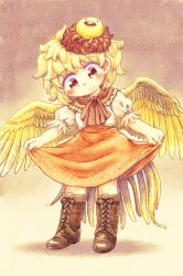 Rule 34 | 1girl, angel wings, bird, blush, boots, brown footwear, capelet, chibi, chick, commentary request, cross-laced footwear, dress, eyeshadow, feathered wings, gradient background, hakuyou ( hakuyou), highres, knee boots, lace-up boots, looking down, makeup, niwatari kutaka, orange dress, puffy sleeves, short hair, short sleeves, skirt hold, smile, solo, standing, touhou, wings