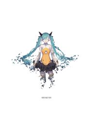 Rule 34 | 1girl, aqua hair, black skirt, closed eyes, closed mouth, copyright name, fading, floating hair, full body, grey thighhighs, hair between eyes, hatsune miku, headphones, highres, jacket, long hair, long sleeves, odds &amp; ends (vocaloid), simple background, skirt, solo, song name, spencer sais, swept bangs, thighhighs, twintails, very long hair, vocaloid, white background, zettai ryouiki