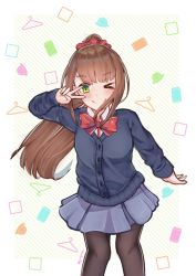 Rule 34 | &gt; o, 1girl, black pantyhose, blush, bow, bowtie, brown hair, buttons, closed mouth, collared shirt, commentary request, greypidjun, hair ornament, hair scrunchie, hand up, highres, hitoribocchi no marumaru seikatsu, honshou aru, long hair, looking at viewer, one eye closed, pantyhose, pleated skirt, red bow, red bowtie, school uniform, scrunchie, shirt, skirt, smile, solo, v, white shirt