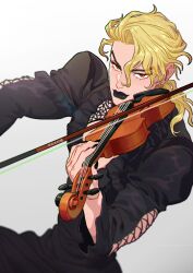Rule 34 | 1boy, absurdres, black dress, black lips, black nails, blonde hair, bow (music), commentary request, crossdressing, dio brando, dress, earrings, highres, holding, holding instrument, holding violin, honlo, instrument, jewelry, jojo no kimyou na bouken, light smile, lipstick, long hair, long sleeves, looking at viewer, makeup, male focus, music, playing instrument, red eyes, solo, violin