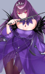 Rule 34 | 1girl, bad id, bad pixiv id, breasts, cleavage, dress, fate/grand order, fate (series), fur trim, hair between eyes, highres, hisame-mao-kzok, jewelry, large breasts, long hair, looking at viewer, pantyhose, purple dress, purple hair, red eyes, scathach (fate), scathach skadi (fate), smile, solo, tiara, wand