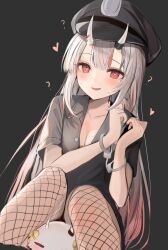 Rule 34 | 1girl, ?, black hat, black shirt, blush, breasts, cleavage, commentary request, cuffs, fishnet pantyhose, fishnets, gradient hair, grey background, handcuffs, hat, heart, heart-shaped pupils, heart hands, highres, hololive, horns, iruka3, long hair, medium breasts, multicolored hair, nakiri ayame, pantyhose, partially unbuttoned, peaked cap, police, police uniform, red eyes, red hair, shirt, short sleeves, simple background, skin-covered horns, smile, solo, streaked hair, symbol-shaped pupils, uniform, virtual youtuber, white hair