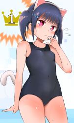 Rule 34 | 1girl, animal ears, bare arms, bare shoulders, black one-piece swimsuit, blue hair, blush, breasts, cat ears, cat tail, child, closed mouth, covered navel, fake animal ears, female focus, flying sweatdrops, fujisaka lyric, hair ornament, hairband, hairclip, hand up, looking at viewer, nose blush, one-piece swimsuit, original, red eyes, school swimsuit, sidelocks, small breasts, solo, swimsuit, tail, twintails, wet, white hairband