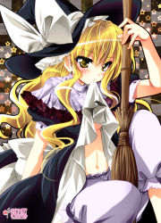 Rule 34 | 1girl, bamboo broom, bloomers, broom, capelet, clothes lift, dress, dress lift, female focus, hat, kanna (plum), kirisame marisa, mouth hold, navel, solo, star (symbol), touhou, underwear, witch hat, yellow eyes