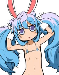 Rule 34 | 1boy, animal ears, azur lane, bad id, bad twitter id, bikini, blue bikini, blue hair, blush, commentary request, crossover, fukurou (owl222), gloves, hacka doll, hacka doll 3, head tilt, inactive account, jitome, laffey (azur lane), long hair, looking at viewer, male focus, micro bikini, navel, parted lips, pinky out, purple eyes, rabbit ears, simple background, solo, swimsuit, trap, twintails, upper body, very long hair, white background, white gloves