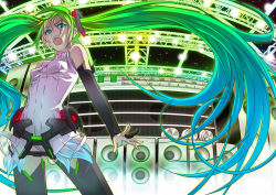 Rule 34 | 1girl, aqua hair, bad id, bad pixiv id, bridal gauntlets, elbow gloves, fingerless gloves, gloves, gradient hair, green eyes, green hair, hatsune miku, hatsune miku (append), long hair, matching hair/eyes, multicolored hair, open mouth, ryuushiro, solo, speaker, stage, thighhighs, twintails, very long hair, vocaloid, vocaloid append