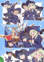 Rule 34 | 3girls, belt, blonde hair, blue eyes, blue hair, blush, bow, character request, closed mouth, commentary request, dress, glasses, green eyes, hair bow, hat, highres, holding, little witch academia, long sleeves, looking at viewer, mecha, multiple girls, opaque glasses, open mouth, orange hair, ponytail, pouch, purple dress, purple hat, red-framed eyewear, red bow, robot, sanpaku, semi-rimless eyewear, short hair, sweatdrop, tama (tama-s), under-rim eyewear, wide-eyed, wide sleeves, wing collar