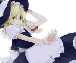 Rule 34 | 1girl, bad id, bad pixiv id, blonde hair, bow, braid, female focus, green eyes, hair bow, hat, kirisame marisa, long hair, nightk, simple background, smile, solo, touhou, white background, witch, witch hat