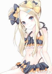 Rule 34 | 1girl, abigail williams (emerald float) (fate), abigail williams (fate), absurdres, bare arms, bare shoulders, bikini, black bikini, black bow, black hat, blonde hair, blue eyes, blush, bow, collarbone, commentary request, double bun, fate/grand order, fate (series), frills, hair bow, hair bun, hat, highres, long hair, looking at viewer, multicolored bikini, multicolored clothes, navel, official alternate costume, orange bow, parted bangs, polka dot, polka dot bow, simple background, smile, solo, swimsuit, toratora (nanahaba), white background, yellow bow