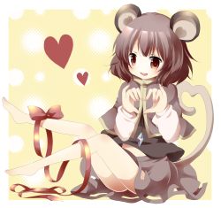 Rule 34 | 1girl, animal ears, capelet, female focus, full body, grey hair, heart, heart-shaped pupils, heart hands, heart tail, highres, mouse ears, nazrin, open mouth, red eyes, ribbon, short hair, sitting, skirt, smile, solo, symbol-shaped pupils, tail, tamichan, touhou