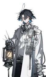 Rule 34 | 1boy, ahoge, alternate costume, arknights, black hair, black pants, blue hair, coat, colored inner hair, cross, cross necklace, doctor, dongsheng, ear piercing, freckles, gas mask, gloves, grey gloves, hair between eyes, highres, holding, holding lantern, holding scalpel, jewelry, lab coat, lantern, lumen (arknights), male focus, mask, mask around neck, multicolored hair, necklace, orange eyes, pants, piercing, pointy ears, pouch, scalpel, shirt, short hair, simple background, solo, white coat, white shirt