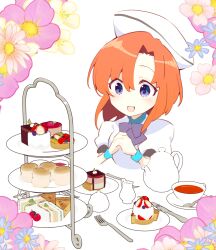 Rule 34 | 1girl, :d, beret, blue eyes, blue flower, blue wrist cuffs, blush, bob cut, bow, bowtie, cake, cake slice, close-up, commentary request, cup, dress, eyes visible through hair, floral background, flower, food, hair between eyes, hands up, hat, higurashi no naku koro ni, looking at food, open mouth, orange hair, own hands together, pink flower, puffy short sleeves, puffy sleeves, purple bow, purple bowtie, ryuuguu rena, short hair, short sleeves, simple background, smile, solo, suzuragi karin, sweets, tareme, tea, teacup, teapot, white background, white dress, white hat, wide-eyed, wrist cuffs