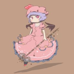 Rule 34 | 1girl, blush stickers, chibi, dress, female focus, floating, hat, inishie, purple hair, red eyes, remilia scarlet, short hair, solo, touhou, wings