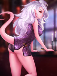 Rule 34 | 1girl, android 21, ass, black panties, breasts, cake, china dress, chinese clothes, colored skin, cupcake, dragon ball, dragon ball fighterz, dress, food, long hair, majin (race), majin android 21, panties, pink skin, pointy ears, red eyes, solo, tail, underwear, wavy hair, white hair
