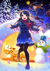 Rule 34 | 2girls, absurdres, black hair, breath, broom, broom riding, brown eyes, bucket, coat, duffel coat, falling petals, fire, gloves, hat, highres, holding, holding wand, igloo, loafers, long hair, long sleeves, multiple girls, night, night sky, nishida yuu, open mouth, original, outdoors, pantyhose, petals, pine tree, plaid, plaid scarf, pleated skirt, scarf, school uniform, shoes, skirt, sky, smile, snow, snow on tree, snow shelter, snowing, snowman, standing, standing on one leg, star (sky), starry sky, tree, wand, winter, witch, witch hat