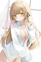 Rule 34 | 1girl, amano mano (vtuber), braid, breasts, collared shirt, commission, eyeshadow, french braid, green eyes, green eyeshadow, highres, indie virtual youtuber, large breasts, makeup, multicolored hair, naked shirt, ohagetty, open clothes, open shirt, pink hair, shirt, skeb commission, solo, streaked hair, virtual youtuber, white hair, white shirt