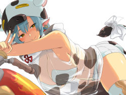 Rule 34 | 1girl, animal ears, animal print, bent over, bikini, blue hair, blush, breasts, brown eyes, catura (granblue fantasy), cleavage, cow ears, cow girl, cow hat, cow horns, cow print, cow tail, granblue fantasy, horns, large breasts, long hair, looking at viewer, motor vehicle, motorcycle, navel, ribbon, see-through, see-through shirt, short shorts, shorts, simple background, smile, solo, swimsuit, tail, tail ornament, tail ribbon, thighhighs, thighs, v, white background, white bikini, zaxwu