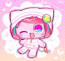 Rule 34 | 1girl, alternate costume, animal hood, aqua hair, artist name, chibi, chibi only, colored skin, hairpods, hood, hood up, hoodie, long sleeves, multicolored hair, no eyebrows, no pupils, one eye closed, open mouth, pants, pepoyo, pink eyes, pink hair, pink hoodie, pink pants, pink skin, poyoroid, short hair, simple background, smile, solo, streaked hair, striped clothes, striped hoodie, striped pants, tail, utau, white hoodie, white pants, yellow tail
