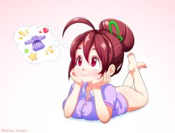Rule 34 | 1girl, ahoge, ass, bad id, bad tumblr id, barefoot, blush, bottomless, breasts, brown hair, bun bun (neocoill), commentary, feet, hair bun, hair ornament, head rest, huge ahoge, imagining, large breasts, legs up, lying, meme attire, naked shirt, neocoill, no panties, on stomach, open-chest sweater, original, red eyes, shirt, single hair bun, soles, solo, sweater, the pose, thought bubble, toes, watermark, web address