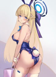 Rule 34 | 1girl, animal ears, areola slip, ass, blonde hair, blue archive, blue eyes, blue hairband, blue leotard, bow, bowtie, braid, breasts, detached collar, fake animal ears, hairband, halo, highres, holding case, leotard, long hair, looking at viewer, looking to the side, medium breasts, multicolored hair, official alternate costume, playboy bunny, rabbit ears, rabbit tail, solo, strapless, strapless leotard, streaked hair, tail, thighhighs, toki (blue archive), toki (bunny) (blue archive), ura illust, very long hair, white thighhighs, wrist cuffs