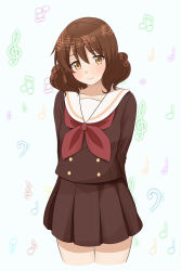 Rule 34 | 1girl, arms behind back, bass clef, beamed eighth notes, beamed sixteenth notes, brown eyes, brown hair, brown serafuku, brown skirt, commentary request, cowboy shot, cropped legs, dotted half note, dotted quarter note, eighth rest, flat sign, green background, half note, head tilt, hibike! euphonium, highres, hokuto (l una r), long sleeves, looking at viewer, medium hair, musical note, neckerchief, oumae kumiko, pleated skirt, quarter note, quarter rest, red neckerchief, sailor collar, school uniform, serafuku, sharp sign, skirt, smile, solo, staff (music), standing, treble clef, white sailor collar, whole note