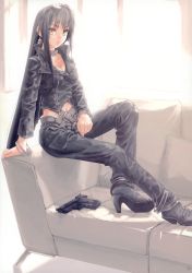 Rule 34 | 1girl, absurdres, black hair, breasts, cleavage, collar, couch, earrings, gun, highres, jacket, jewelry, konoe ototsugu, leather, leather jacket, leather pants, long hair, pants, shoes, sitting, solo, very long hair, weapon, yellow eyes