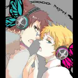 Rule 34 | 00s, 2boys, androgynous, artist request, blonde hair, blue eyes, brown hair, giriko (soul eater), headphones, justin law, magnet (vocaloid), male focus, multiple boys, open mouth, profile, short hair, soul eater, vocaloid, yaoi