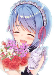 Rule 34 | 1girl, :d, ^ ^, black dress, blue hair, blush, bouquet, closed eyes, commentary request, copyright request, dress, facing viewer, flower, hair ribbon, highres, maid, maid headdress, maid no yuki-san, mimikaki (men bow), hugging object, open mouth, pink flower, pink ribbon, red flower, red rose, ribbon, rose, short hair, simple background, smile, solo, tears, teeth, upper body, upper teeth only, virtual youtuber, white background, white flower