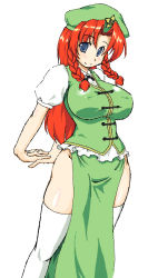 Rule 34 | 1girl, beret, blue eyes, braid, breasts, china dress, chinese clothes, curvy, dress, female focus, hat, hip focus, hong meiling, impossible clothes, impossible shirt, large breasts, long hair, lute (apocalypselibrary), no panties, oekaki, red hair, shirt, solo, embodiment of scarlet devil, thighhighs, touhou, twin braids, wide hips