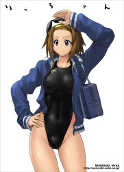 Rule 34 | 1girl, asics, bad anatomy, bag, breasts, brown eyes, brown hair, cameltoe, cleft of venus, competition swimsuit, covered erect nipples, goggles, hand on own hip, headband, highleg, highleg swimsuit, jacket, k-on!, medium breasts, nyanko batake, one-piece swimsuit, short hair, solo, swimsuit, tainaka ritsu
