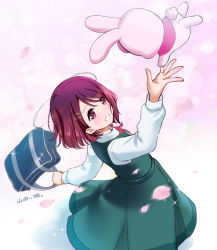 Rule 34 | 1girl, arm up, artist name, asymmetrical bangs, bag, blue bag, blunt ends, briefcase, cherry blossoms, collared shirt, commentary, dress, flower, from above, green dress, grin, hair flower, hair ornament, hair over one eye, hairpin, hanadera nodoka, healin&#039; good precure, healing animal, highres, holding, holding bag, long sleeves, looking at another, neck ribbon, petals, pinafore dress, pink eyes, pink hair, pleated dress, precure, rabirin (precure), reaching, red ribbon, ribbon, school bag, school briefcase, school uniform, shirt, short hair, sleeveless, sleeveless dress, smile, sparkle, upper body, white shirt, yamada ichizoku