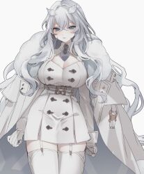Rule 34 | 1girl, blue eyes, breasts, bridal garter, cleavage, cleavage cutout, clothing cutout, coat, gloves, grey hair, hair ornament, large breasts, long hair, myumyutain, necktie, original, simple background, solo, thighhighs, white gloves