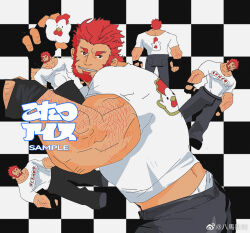 Rule 34 | 1boy, alternate body hair, arm hair, bamashengze, bara, beard, chicken print, clothes lift, clothes writing, facial hair, fate/zero, fate (series), feet out of frame, from side, grin, highres, iskandar (fate), large pectorals, leaning forward, looking at viewer, looking to the side, male focus, male underwear, male underwear peek, mature male, muscular, muscular male, pectorals, red eyes, red hair, sample watermark, shirt, shirt lift, short hair, smile, t-shirt, thick eyebrows, translation request, underwear, village, watermark, white male underwear