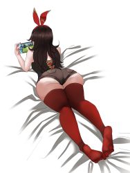 Rule 34 | 1girl, absurdres, amber (genshin impact), artist request, ass, bare shoulders, bed sheet, bellone, breasts, brown hair, feet, from behind, genshin impact, hair ribbon, hairband, highres, huge ass, long hair, lying, medium breasts, nintendo, nintendo switch, on stomach, ribbon, shiny clothes, shiny skin, short shorts, shorts, sideboob, solo, thick thighs, thighhighs, thighs