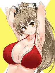 Rule 34 | 10s, 1girl, amagi brilliant park, armpits, arms up, bikini, bow, breasts, brown eyes, brown hair, cleavage, female focus, hair bow, highres, huge breasts, kurogane (blackxsilver), large breasts, long hair, looking at viewer, o-ring, o-ring top, ponytail, pout, red bikini, sento isuzu, simple background, solo, strap gap, swimsuit, upper body