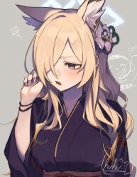Rule 34 | 1girl, animal ear fluff, animal ears, arm at side, doodle sensei (blue archive), black kimono, blonde hair, blue archive, blush, bracelet, breasts, extra ears, flower, furrowed brow, grey background, hair flower, hair ornament, hair over one eye, halo, hand up, highres, japanese clothes, jewelry, kanna (blue archive), kimono, long hair, looking to the side, medium breasts, obi, open mouth, purple eyes, revision, sash, sensei (blue archive), sharp teeth, signature, simple background, solo, squiggle, teeth, uhuhu, upper body, yukata