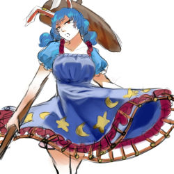 Rule 34 | 1girl, aged up, animal ears, blue dress, blue hair, crescent, crescent moon, dilaih, dress, earclip, kine, legs, long hair, looking at viewer, mallet, moon, open mouth, rabbit ears, rabbit girl, red eyes, seiran (touhou), simple background, sketch, solo, star (symbol), touhou, white background