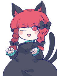 Rule 34 | 1girl, ;3, ;d, animal ears, black bow, black dress, bow, braid, cat ears, cat girl, cat tail, chahan (fried rice0614), dress, fang, hair bow, highres, kaenbyou rin, long sleeves, multiple tails, nekomata, one eye closed, open mouth, red eyes, red hair, side braids, simple background, smile, solo, tail, touhou, twin braids, two tails, white background