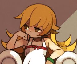Rule 34 | 1girl, bad id, bad pixiv id, bakemonogatari, bare arms, bare shoulders, blonde hair, blush stickers, bow, bracelet, brown eyes, chair, closed mouth, collarbone, dress, empty eyes, eyebrows, facing viewer, flat chest, frown, head rest, jewelry, long hair, looking away, monogatari (series), no pupils, oshino shinobu, red bow, sitting, solo, upper body, white dress, yukino super