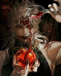 Rule 34 | 1boy, apple, armpit crease, black lips, black nails, blonde hair, blood, blood on face, cup, dio brando, drinking glass, earrings, fangs, fingernails, food, fruit, highres, holding, holding cup, jewelry, jojo no kimyou na bouken, lion, long hair, looking at viewer, male focus, muscular, muscular male, qvlv kuzi feichuan, ring, sharp fingernails, sleeveless, slit pupils, stardust crusaders, thorns, vampire, wine glass, yellow eyes