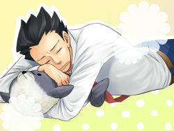 Rule 34 | 1boy, bad id, bad pixiv id, black hair, capcom, closed eyes, flower, ace attorney, head rest, long sleeves, lying, male focus, phoenix wright, necktie, on stomach, open mouth, outline, pants, sabota, seal (animal), sleeping, solo, spiked hair, stuffed animal, stuffed toy, whiskers