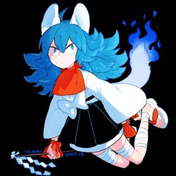 Rule 34 | 10s, 1boy, animal ears, bandages, blue eyes, blue fire, blue hair, fire, flame-tipped tail, fox ears, fox tail, full body, gohei, hair down, japanese clothes, kemonomimi mode, l hakase, male focus, matching hair/eyes, personification, sayo samonji, scar, solo, tail, touken ranbu
