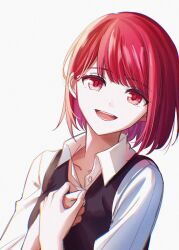 Rule 34 | 1girl, :d, arima kana, black vest, bob cut, breasts, buttons, collared shirt, commentary request, dress shirt, hand up, happy, head tilt, highres, inverted bob, long sleeves, looking at viewer, open mouth, oshi no ko, own hands together, red eyes, red hair, rine natsu, shirt, short hair, simple background, small breasts, smile, solo, teeth, upper body, vest, white background, white shirt, wing collar