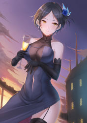Rule 34 | 1girl, alcohol, bare shoulders, black gloves, black thighhighs, blue dress, blue flower, blue hair, blue sky, blush, breasts, building, cleavage, cloud, collarbone, covered abs, cup, dress, drinking glass, earrings, elbow gloves, flower, garter straps, gloves, hair flower, hair ornament, halter dress, halterneck, hayami kanade, highres, holding, holding cup, idolmaster, idolmaster cinderella girls, jewelry, medium breasts, outdoors, see-through, see-through cleavage, short hair, shougun (chuckni1), side slit, sky, sleeveless, sleeveless dress, smile, solo, sunset, thighhighs, turtleneck, twilight, window, wine, wine glass, yellow eyes