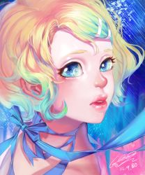 Rule 34 | 10s, 1girl, 2015, absurdres, bad id, bad pixiv id, blonde hair, blue background, blue eyes, blue ribbon, cockia, dated, eyelashes, hair ornament, hairclip, highres, kagamine rin, light particles, lipstick, looking at viewer, looking to the side, makeup, parted lips, portrait, red lips, ribbon, short hair, signature, solo, swept bangs, vocaloid, wavy hair
