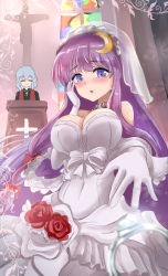 Rule 34 | 2girls, blunt bangs, blush, breasts, bridal veil, bride, catholic, church, crescent, crescent hair ornament, cross, cross necklace, dress, elbow gloves, flower, gloves, hair ornament, highres, jewelry, large breasts, latin cross, long hair, looking at viewer, multiple girls, namiki (remiter00), necklace, open mouth, patchouli knowledge, priest, purple eyes, purple hair, remilia scarlet, ring, rose, smile, strapless, strapless dress, touhou, veil, very long hair, wedding, wedding band, wedding dress, white dress, white gloves